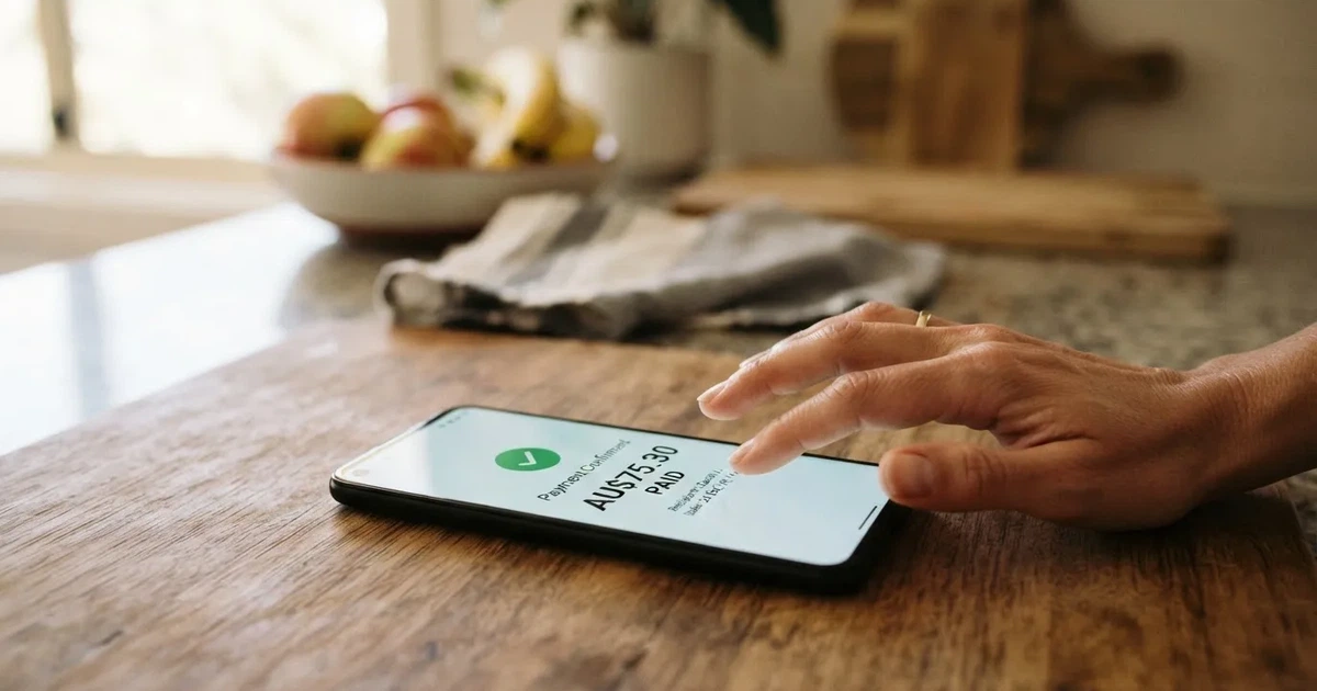 A close-up of a banking app on a smartphone showing a same-day transfer confirmation on a kitchen table.