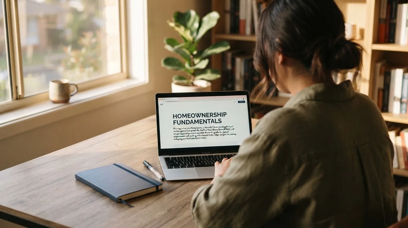 A person at a laptop reading a plain-language explainer article at a home desk.