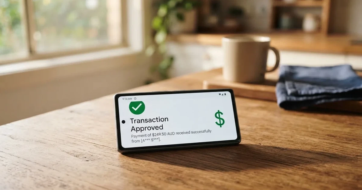 A close-up of a banking app on a smartphone showing a same-day transfer confirmation on a kitchen table.