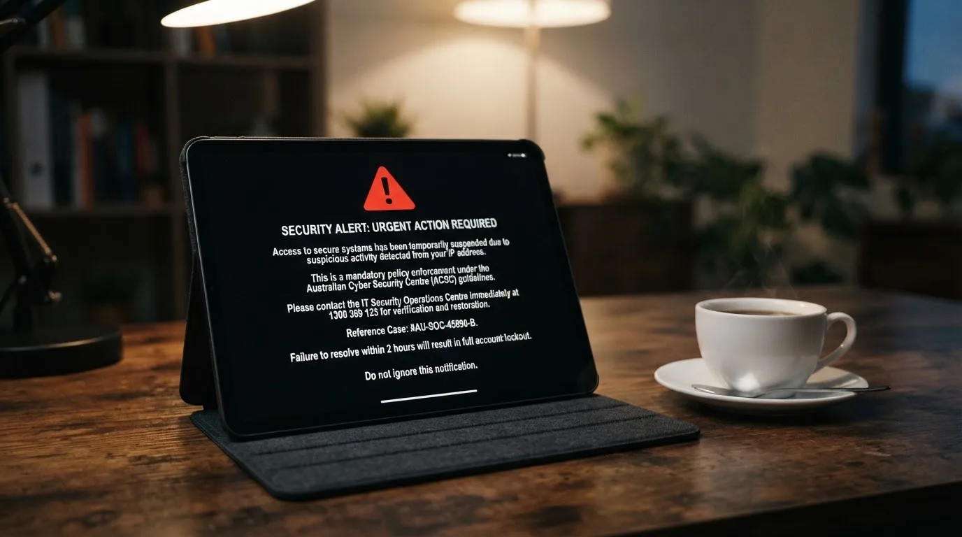 A tablet screen displaying an official regulator warning notice on a desk beside a coffee cup.