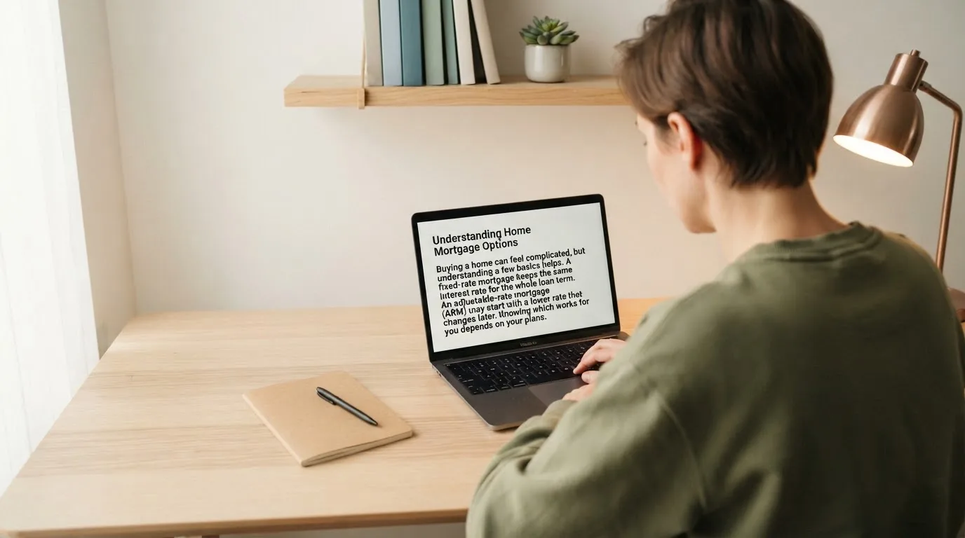 A person at a laptop reading a plain-language explainer article at a home desk.
