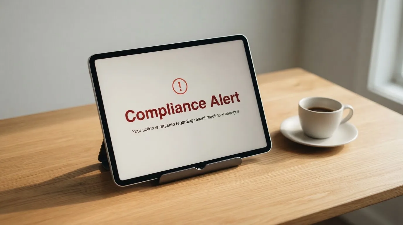 A tablet screen displaying an official regulator warning notice on a desk beside a coffee cup.