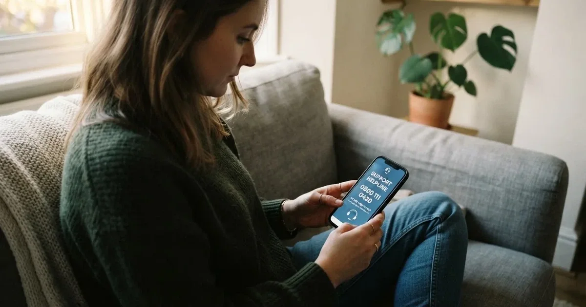 A person looking at a support helpline page on a phone while sitting on a couch.