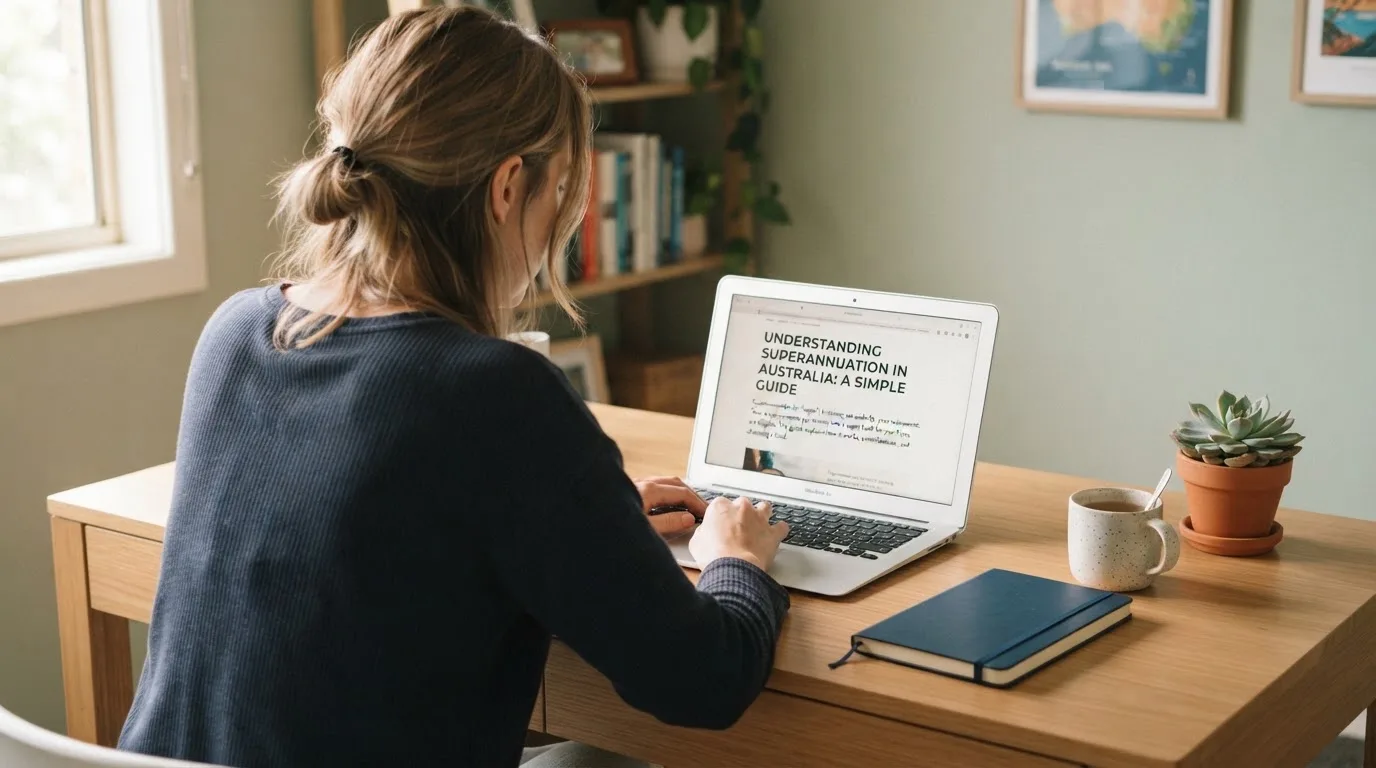 A person at a laptop reading a plain-language explainer article at a home desk.