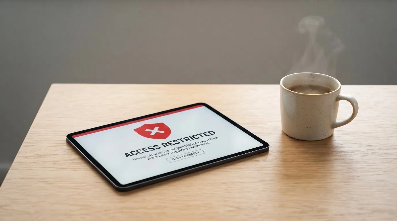 A tablet screen displaying an official regulator warning notice on a desk beside a coffee cup.