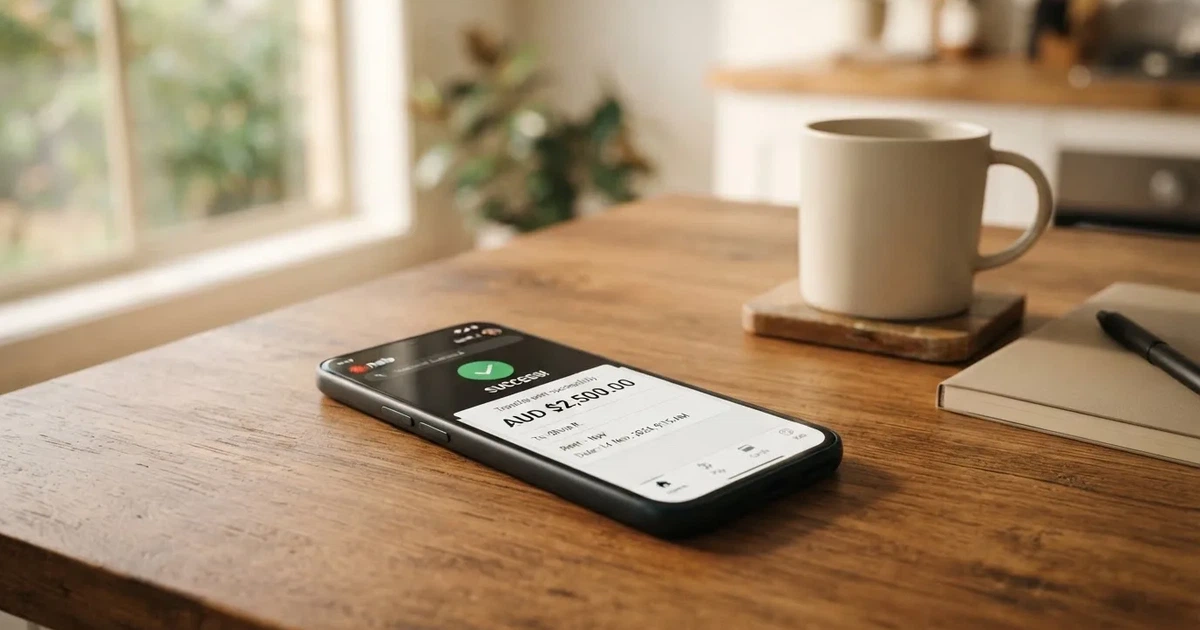 A close-up of a banking app on a smartphone showing a same-day transfer confirmation on a kitchen table.