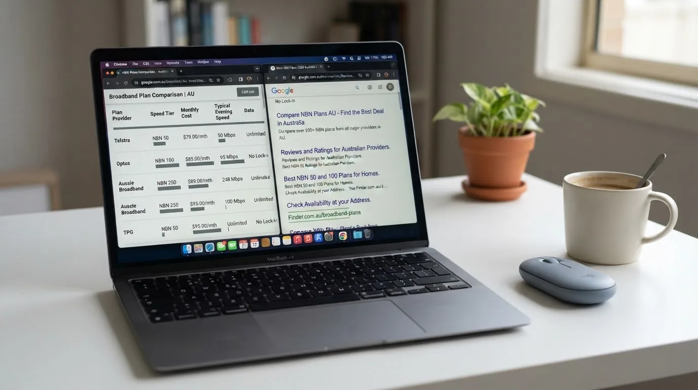 A laptop screen split between two browser tabs, one showing a comparison table and the other a search results page.