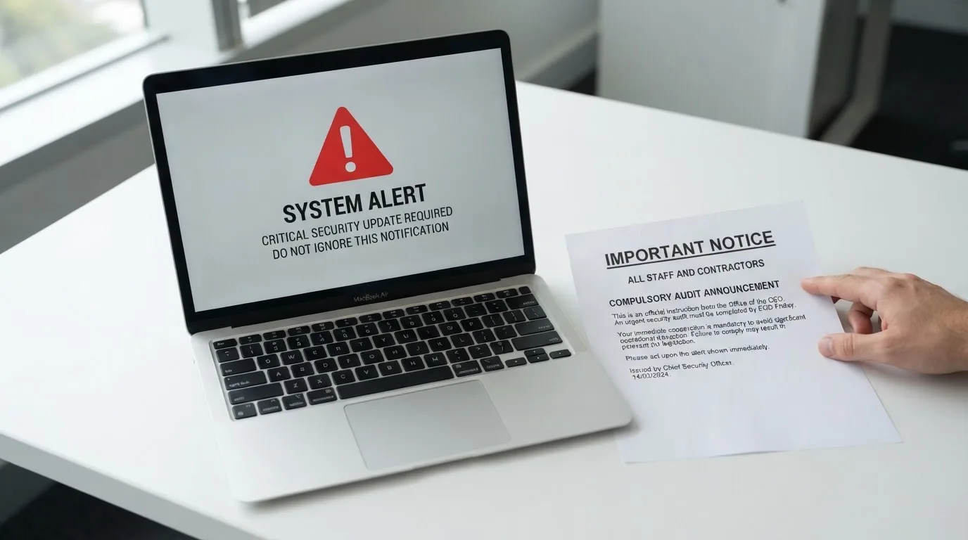 A printed government warning notice on a desk beside a laptop with a red alert icon on the screen.