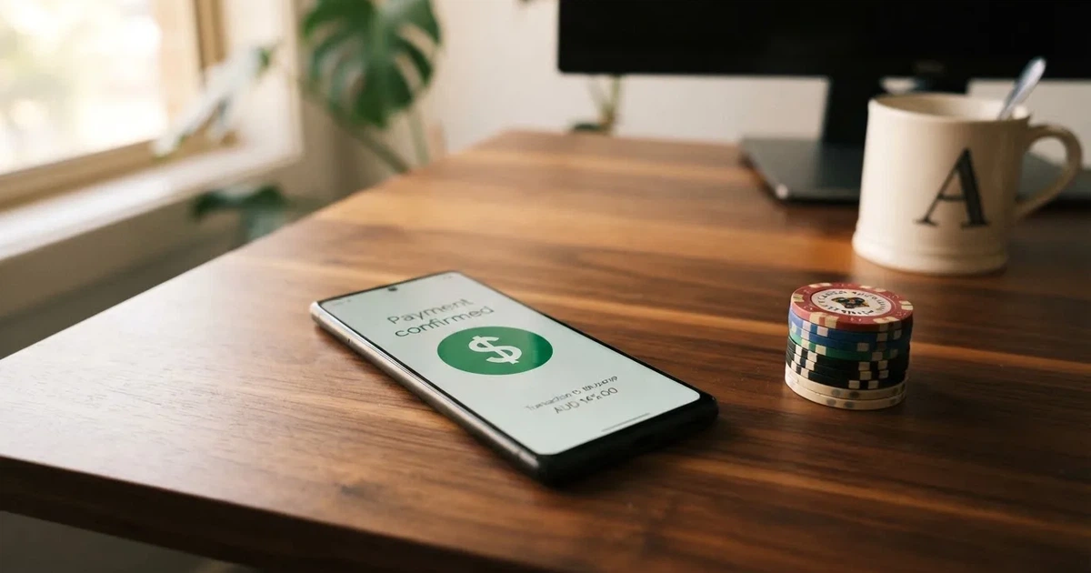 A phone displaying a bank transfer confirmation screen next to a stack of Australian dollar notes.