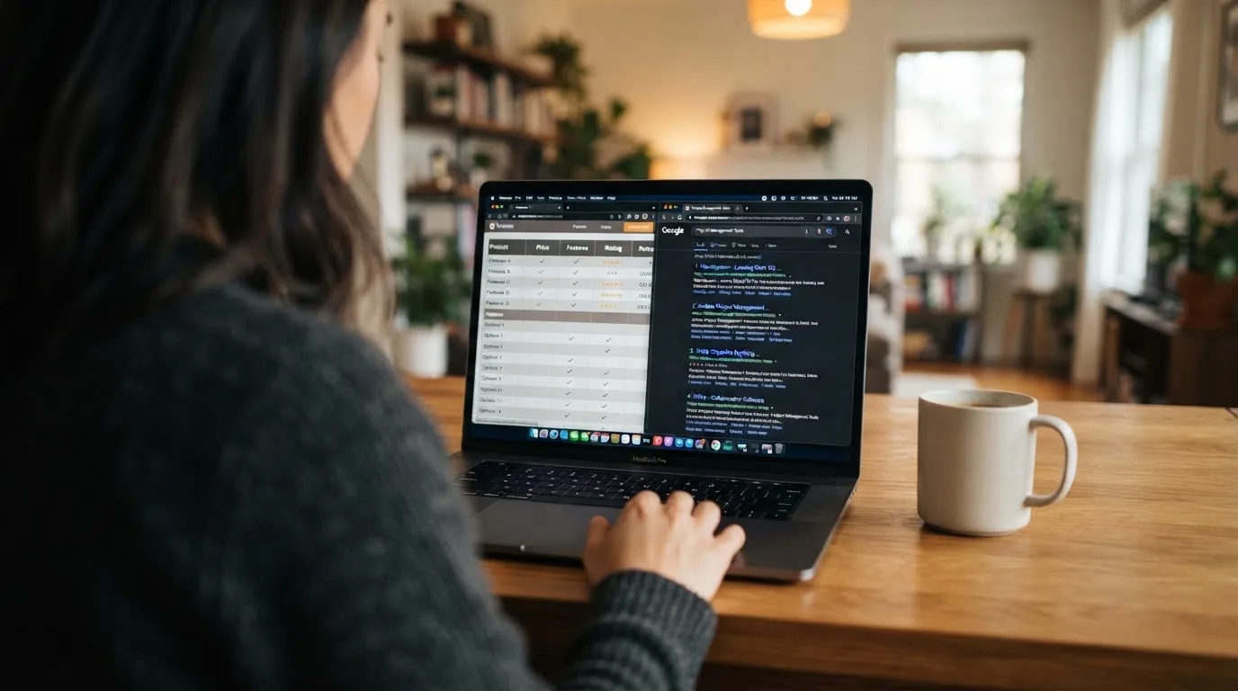 A laptop screen split between two browser tabs, one showing a comparison table and the other a search results page.