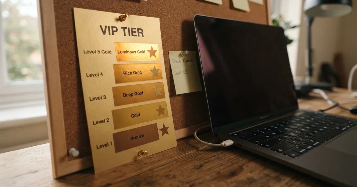 A gold-coloured tier chart pinned to a corkboard next to a laptop keyboard.