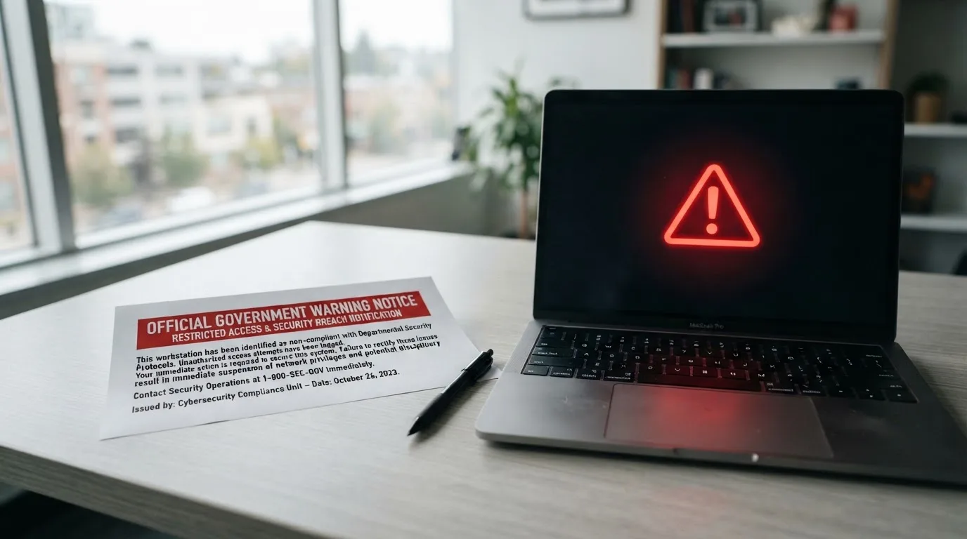 A printed government warning notice on a desk beside a laptop with a red alert icon on the screen.
