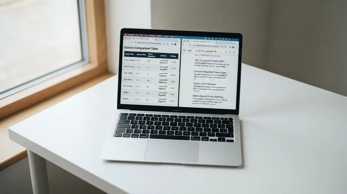 A laptop screen split between two browser tabs, one showing a comparison table and the other a search results page.