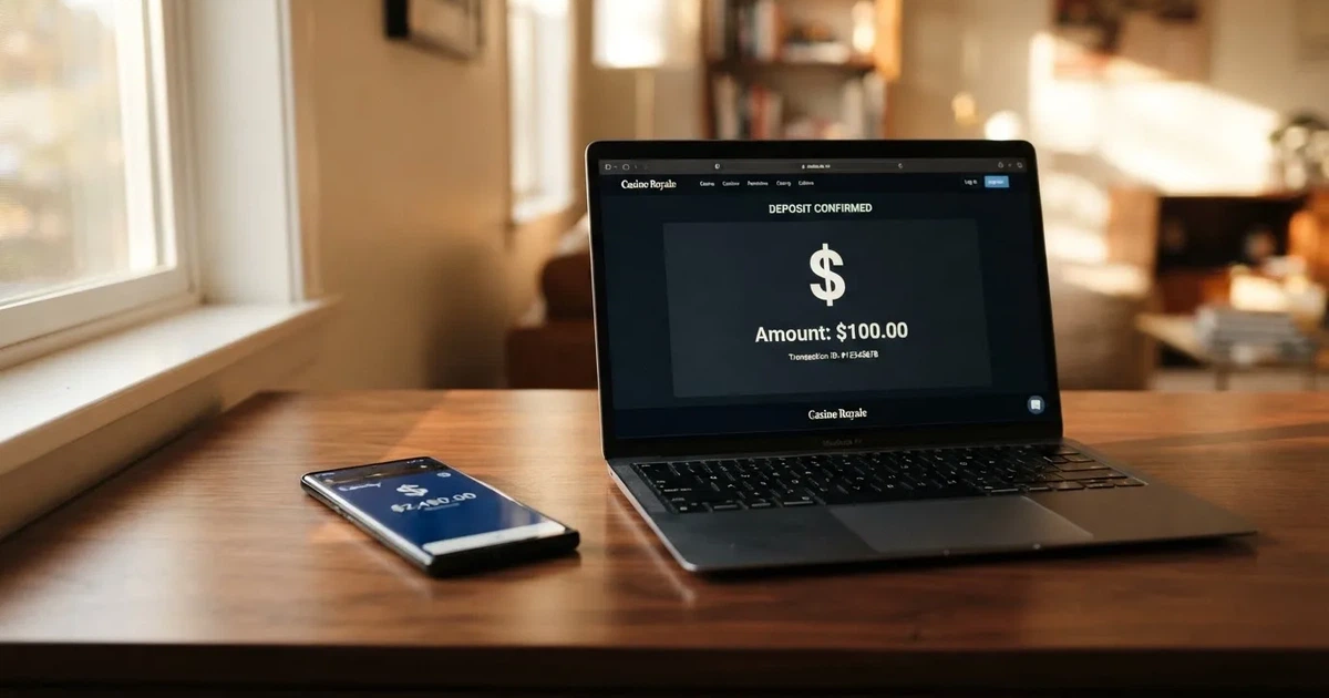 A smartphone screen showing a digital wallet balance next to a laptop cashier page.