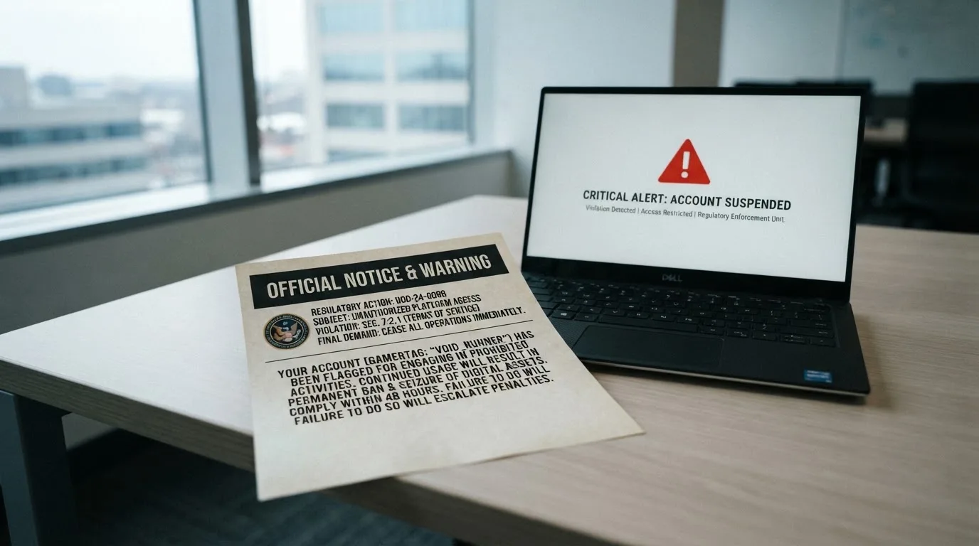 A printed government warning notice on a desk beside a laptop with a red alert icon on the screen.