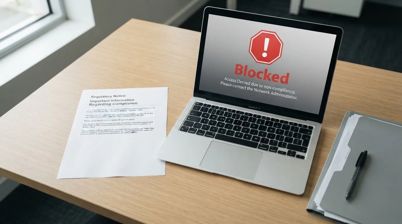 A printed government warning notice on a desk beside a laptop with a red alert icon on the screen.