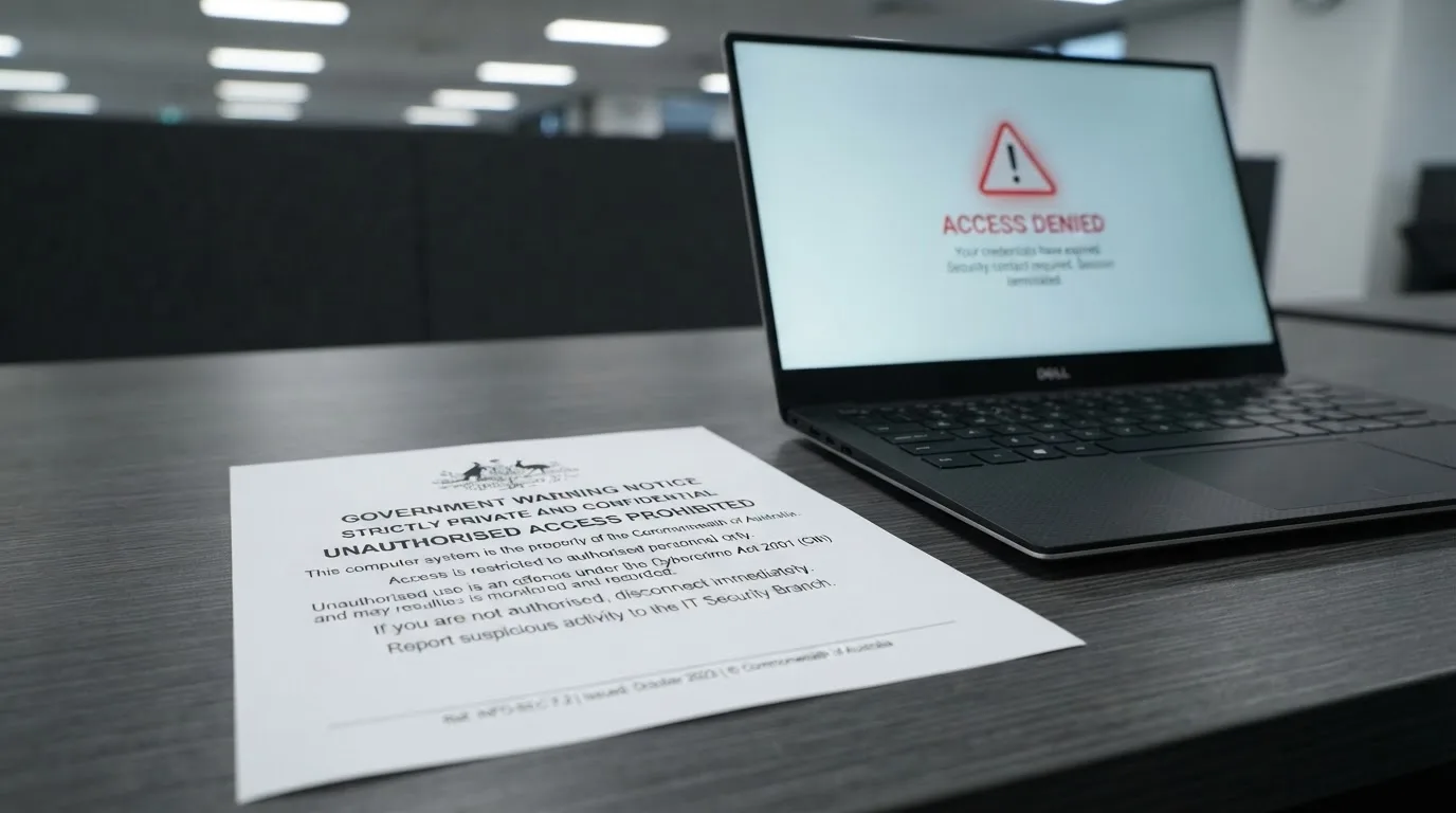 A printed government warning notice on a desk beside a laptop with a red alert icon on the screen.