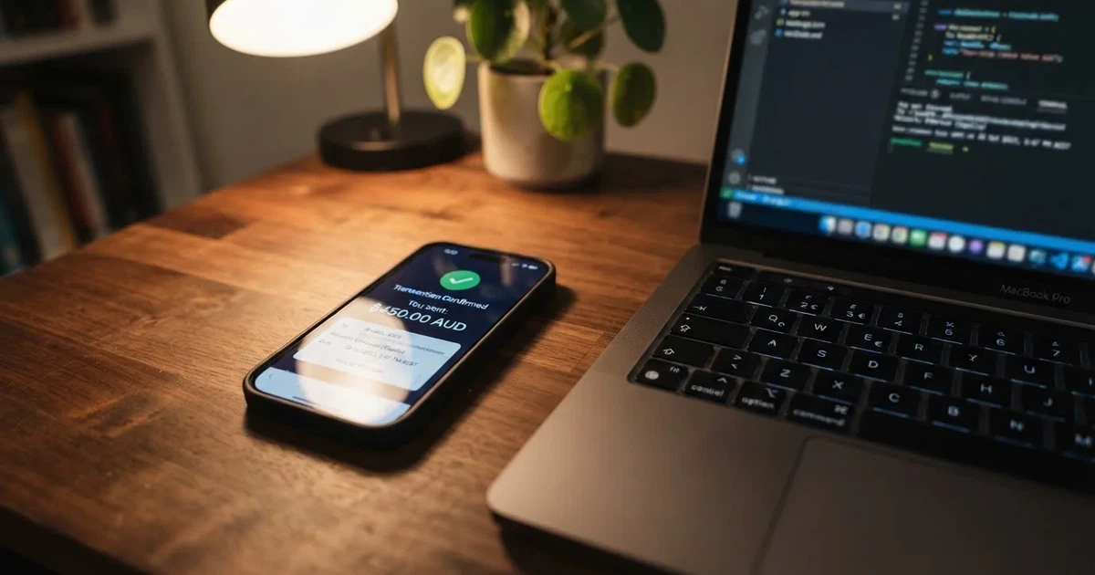 A phone displaying a blockchain transaction confirmation screen next to a laptop keyboard.