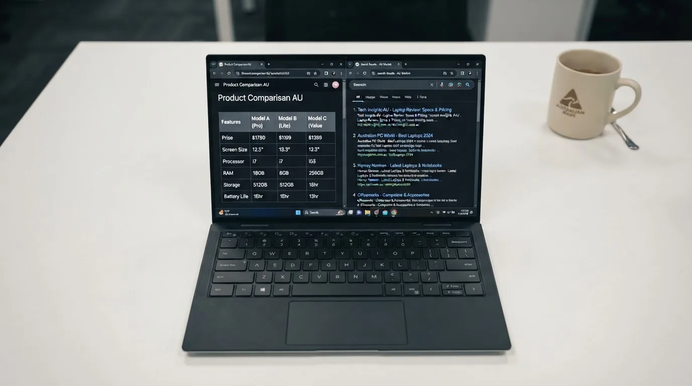A laptop screen split between two browser tabs, one showing a comparison table and the other a search results page.
