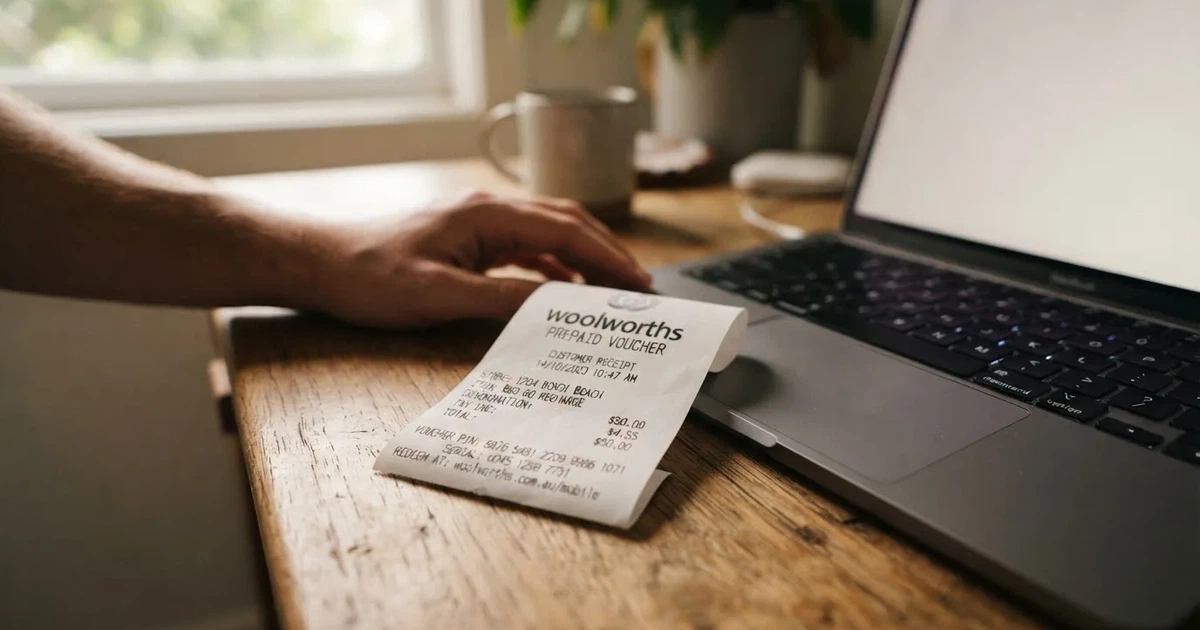 A printed prepaid voucher receipt lying beside a laptop keyboard.