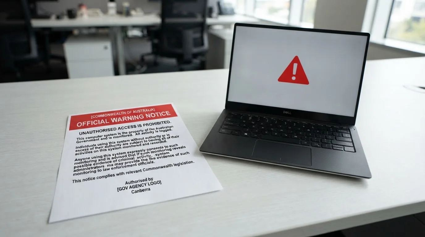 A printed government warning notice on a desk beside a laptop with a red alert icon on the screen.