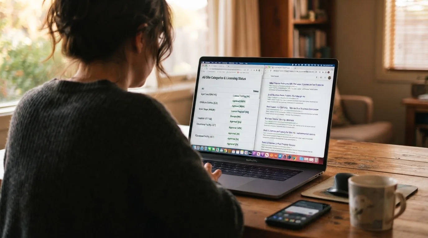 A laptop screen split between two browser tabs, one showing a comparison table and the other a search results page.