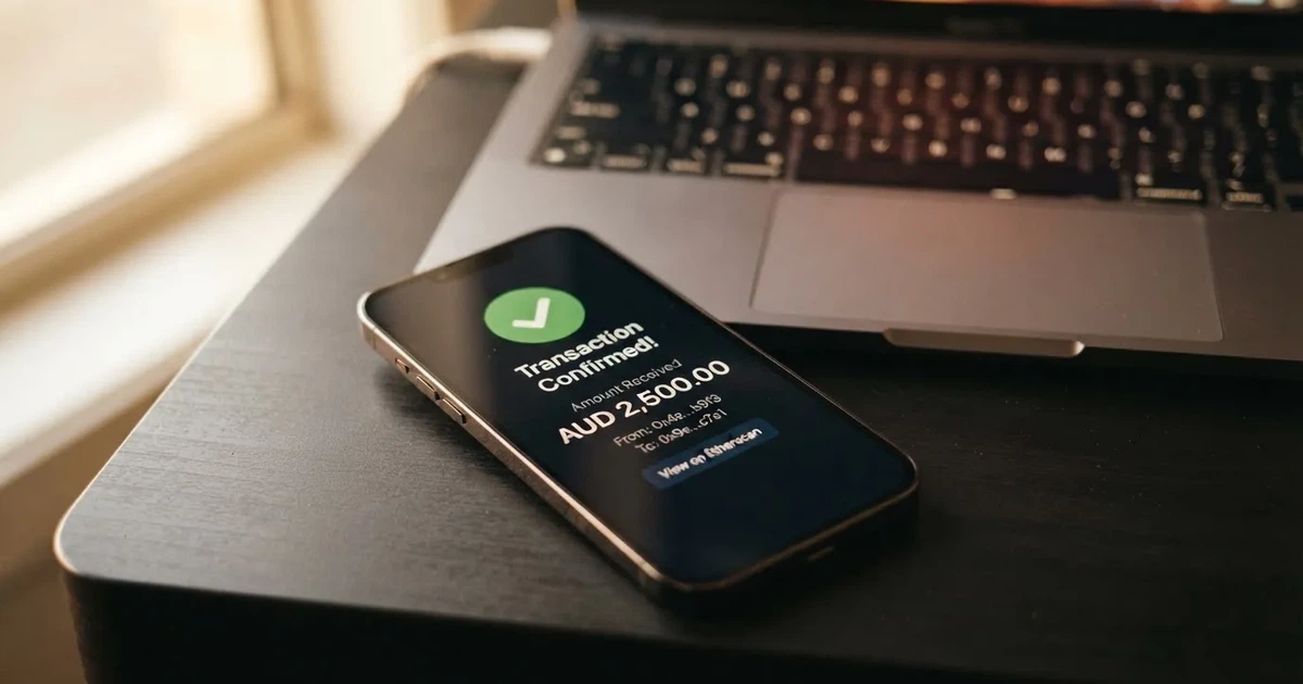 A phone displaying a blockchain transaction confirmation screen next to a laptop keyboard.
