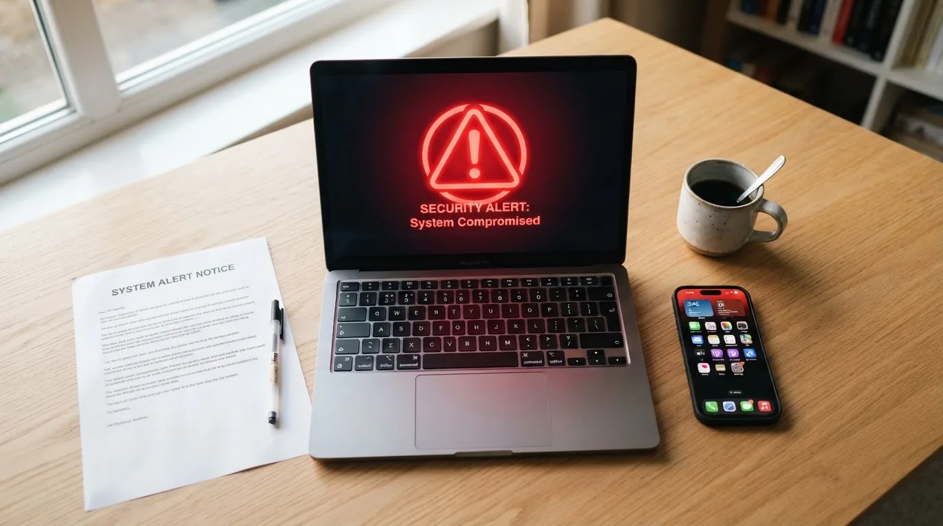 A printed government warning notice on a desk beside a laptop with a red alert icon on the screen.