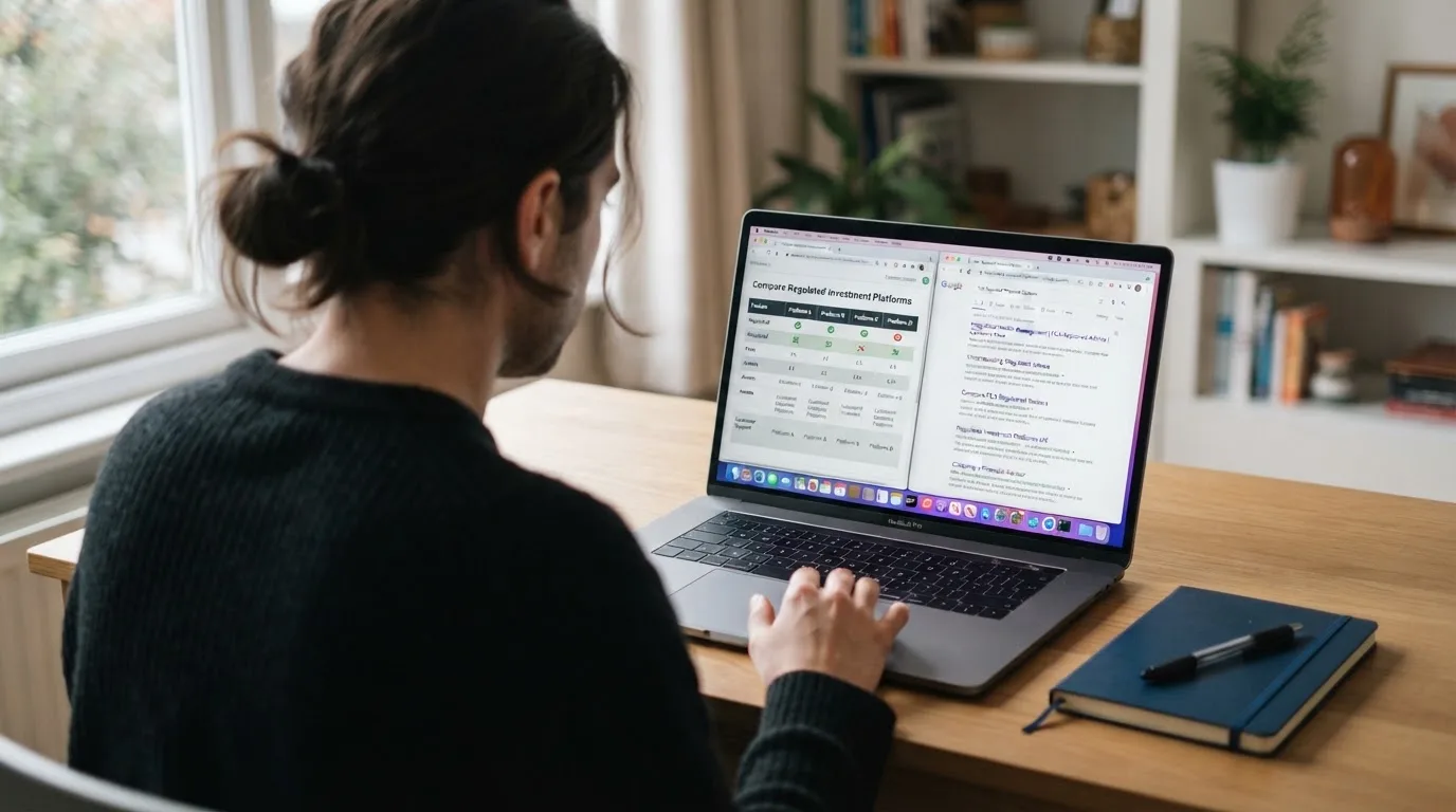 A laptop screen split between two browser tabs, one showing a comparison table and the other a search results page.