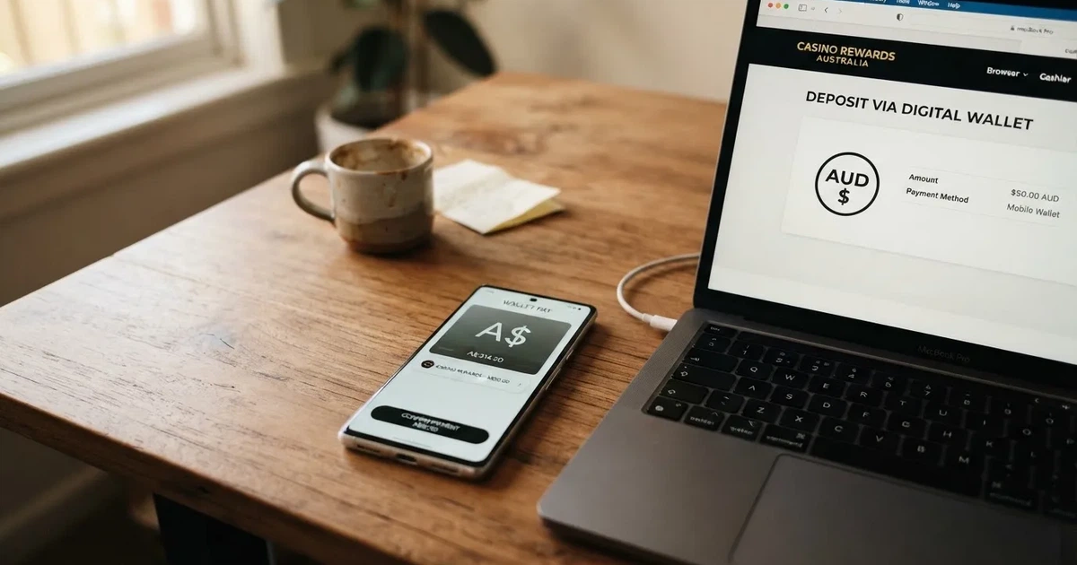 A smartphone screen showing a digital wallet balance next to a laptop cashier page.