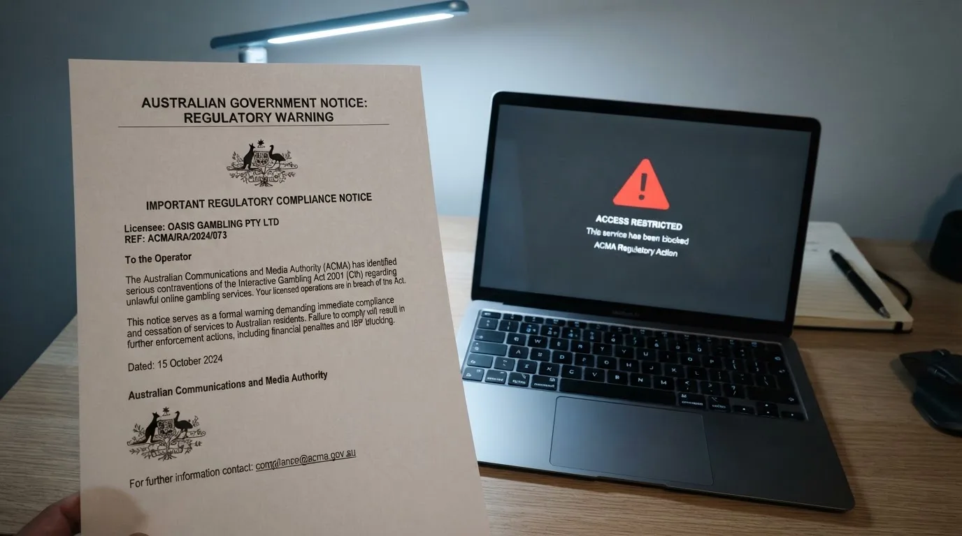 A printed government warning notice on a desk beside a laptop with a red alert icon on the screen.