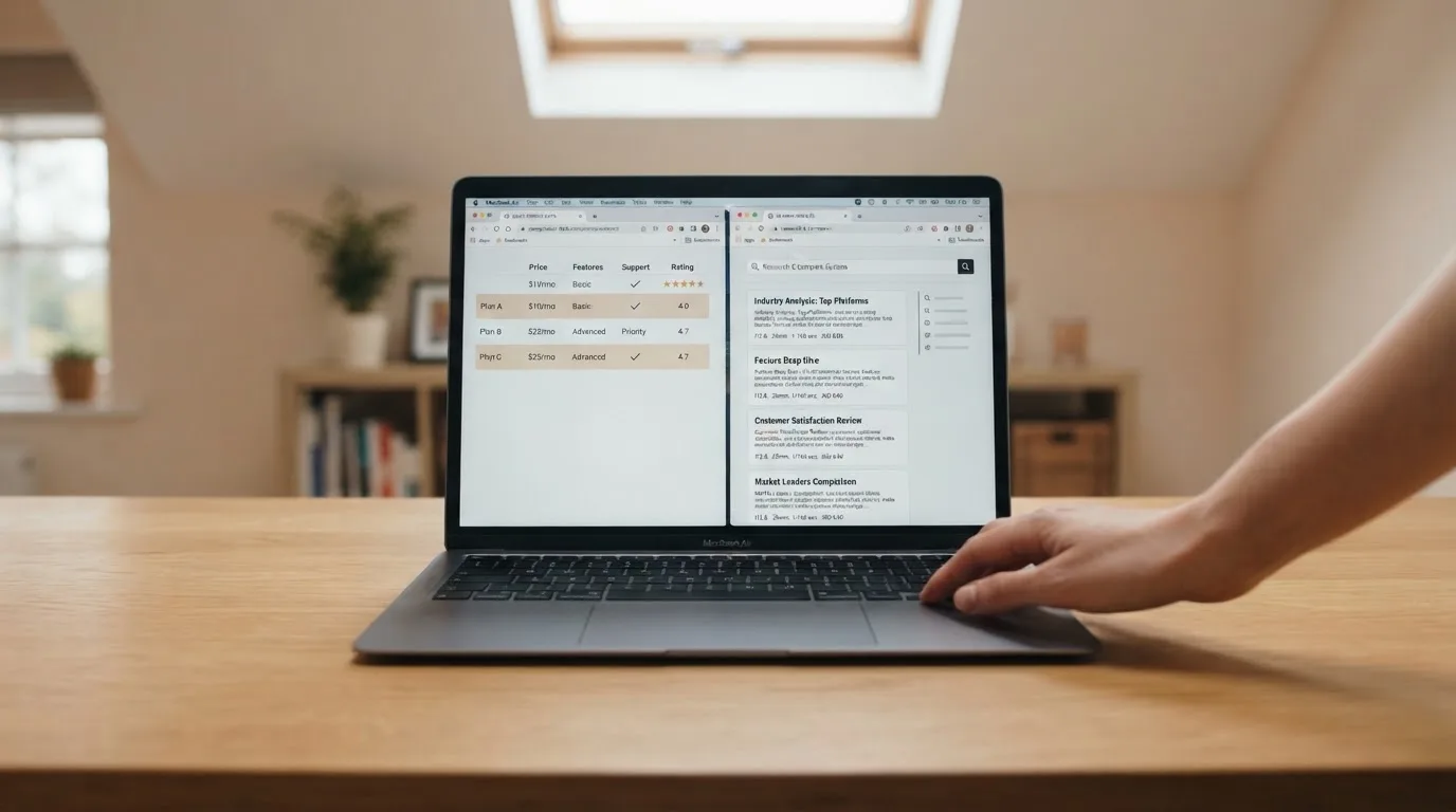 A laptop screen split between two browser tabs, one showing a comparison table and the other a search results page.