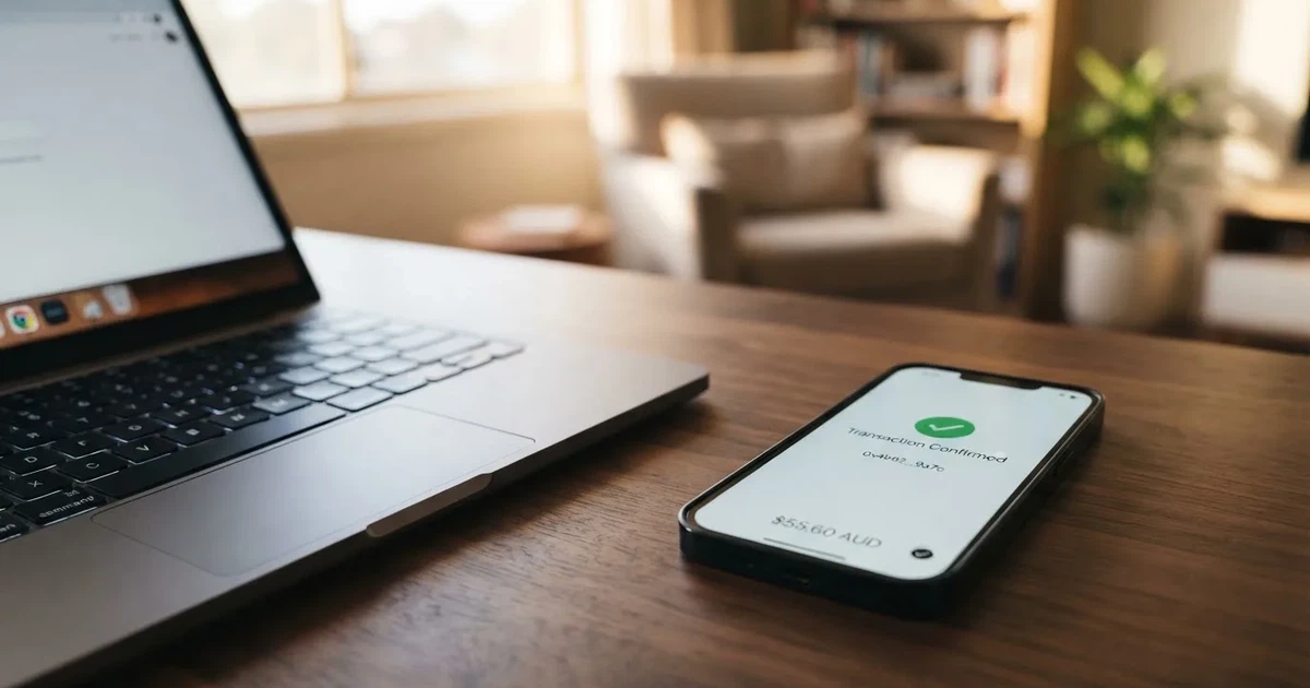A phone displaying a blockchain transaction confirmation screen next to a laptop keyboard.