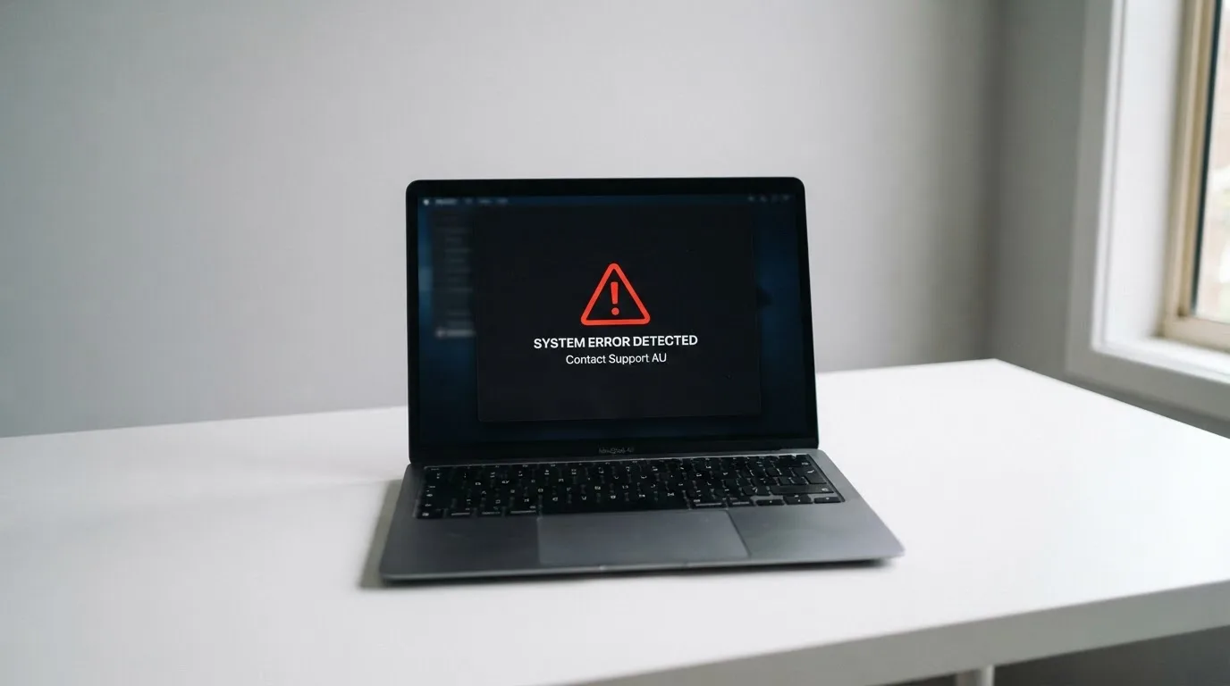 A printed government warning notice on a desk beside a laptop with a red alert icon on the screen.