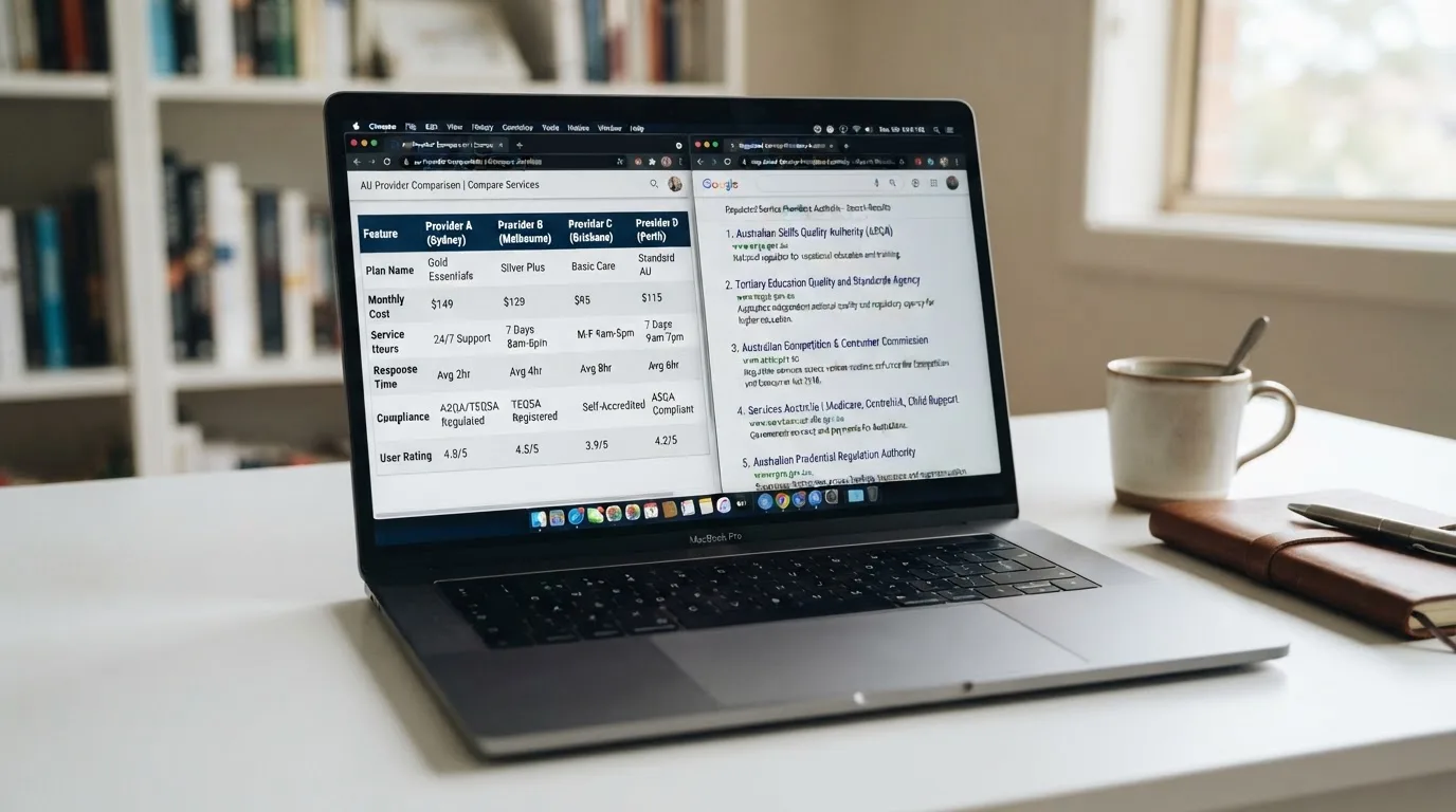 A laptop screen split between two browser tabs, one showing a comparison table and the other a search results page.