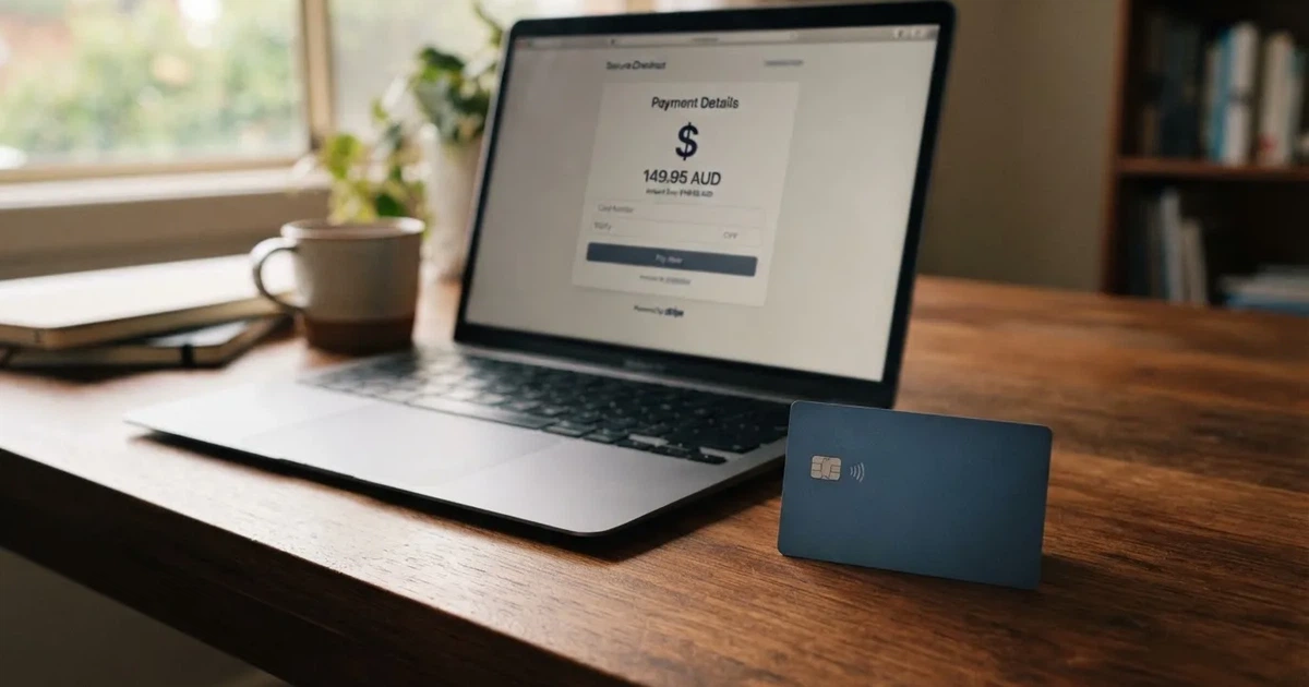 A hand holding a bank card next to a laptop showing an online payment form.