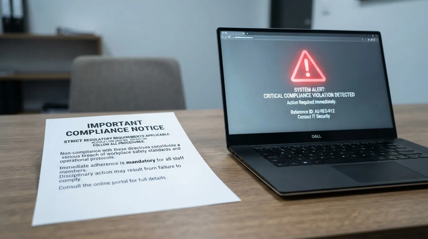 A printed government warning notice on a desk beside a laptop with a red alert icon on the screen.