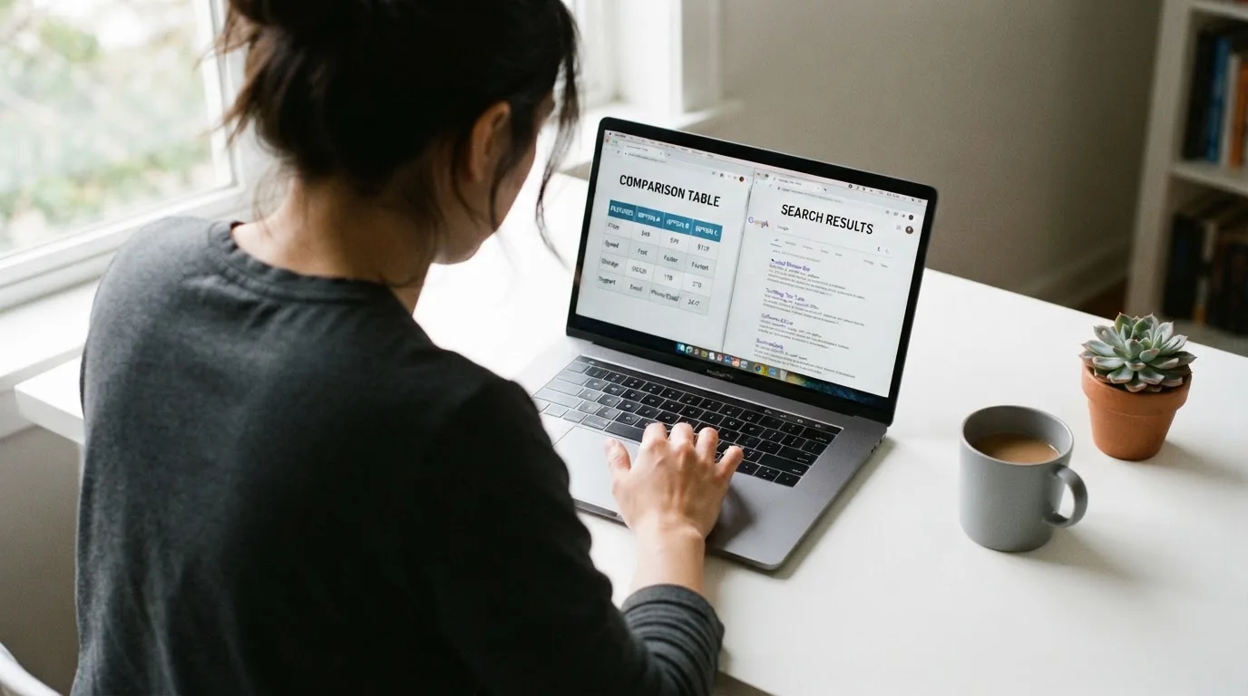 A laptop screen split between two browser tabs, one showing a comparison table and the other a search results page.