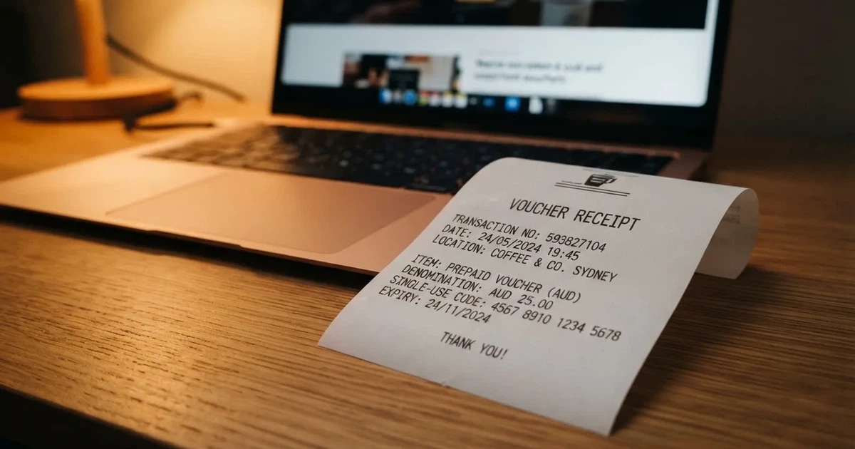 A printed prepaid voucher receipt lying beside a laptop keyboard.