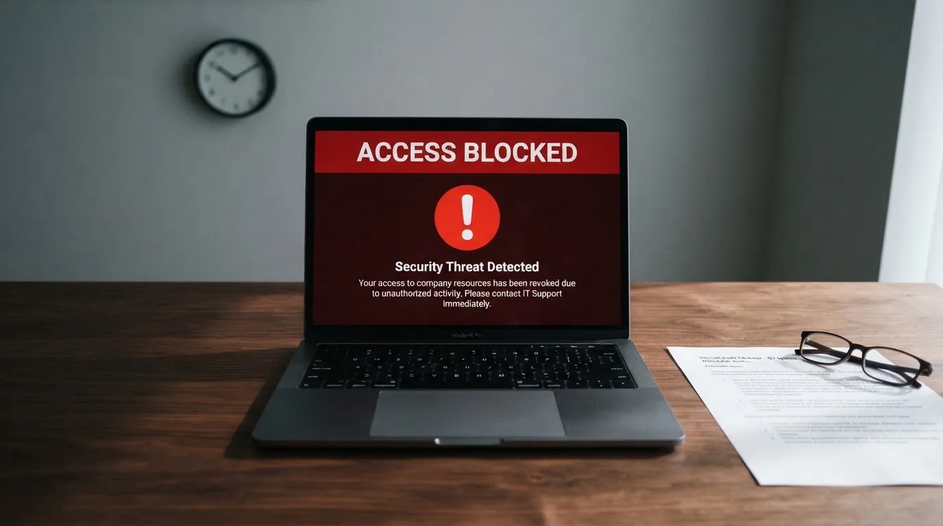 A printed government warning notice on a desk beside a laptop with a red alert icon on the screen.
