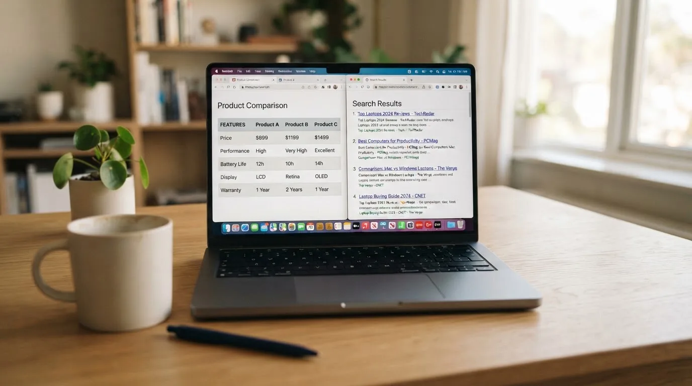 A laptop screen split between two browser tabs, one showing a comparison table and the other a search results page.