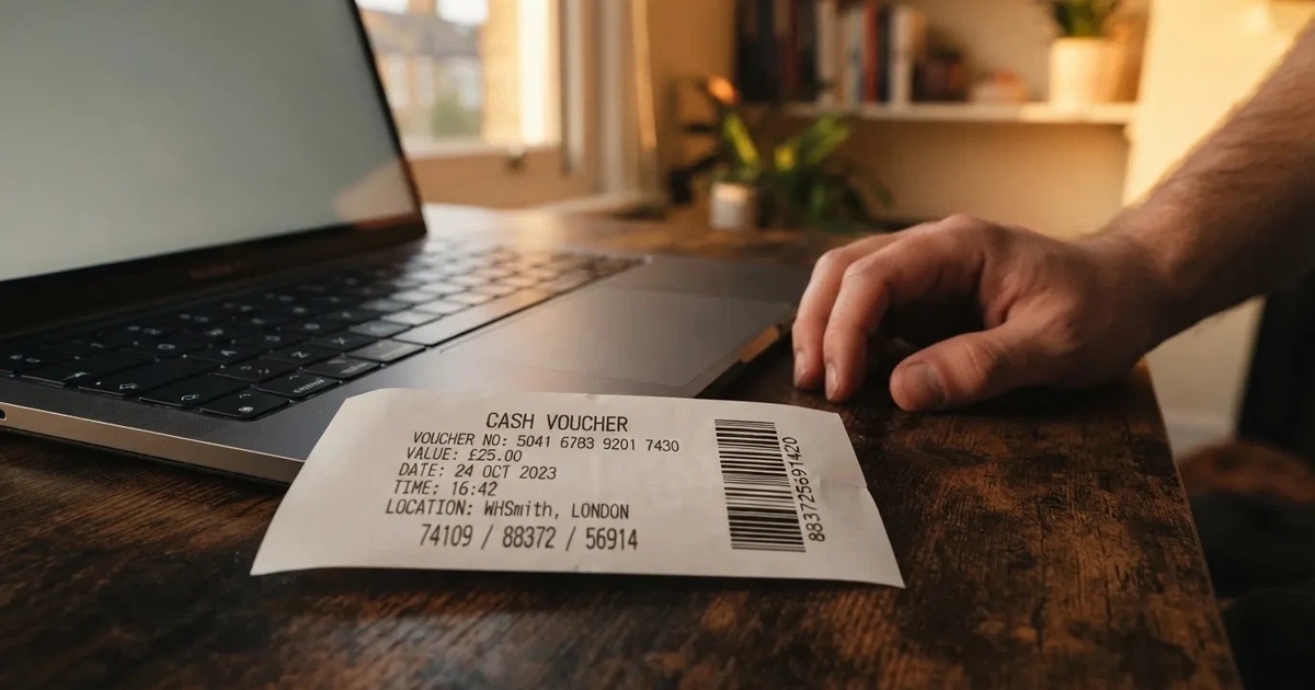 A printed prepaid voucher receipt lying beside a laptop keyboard.