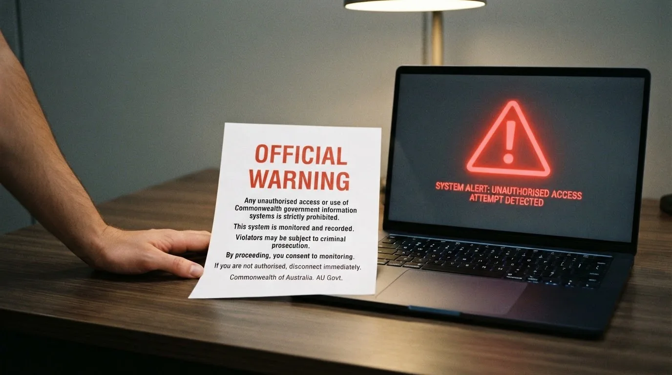 A printed government warning notice on a desk beside a laptop with a red alert icon on the screen.