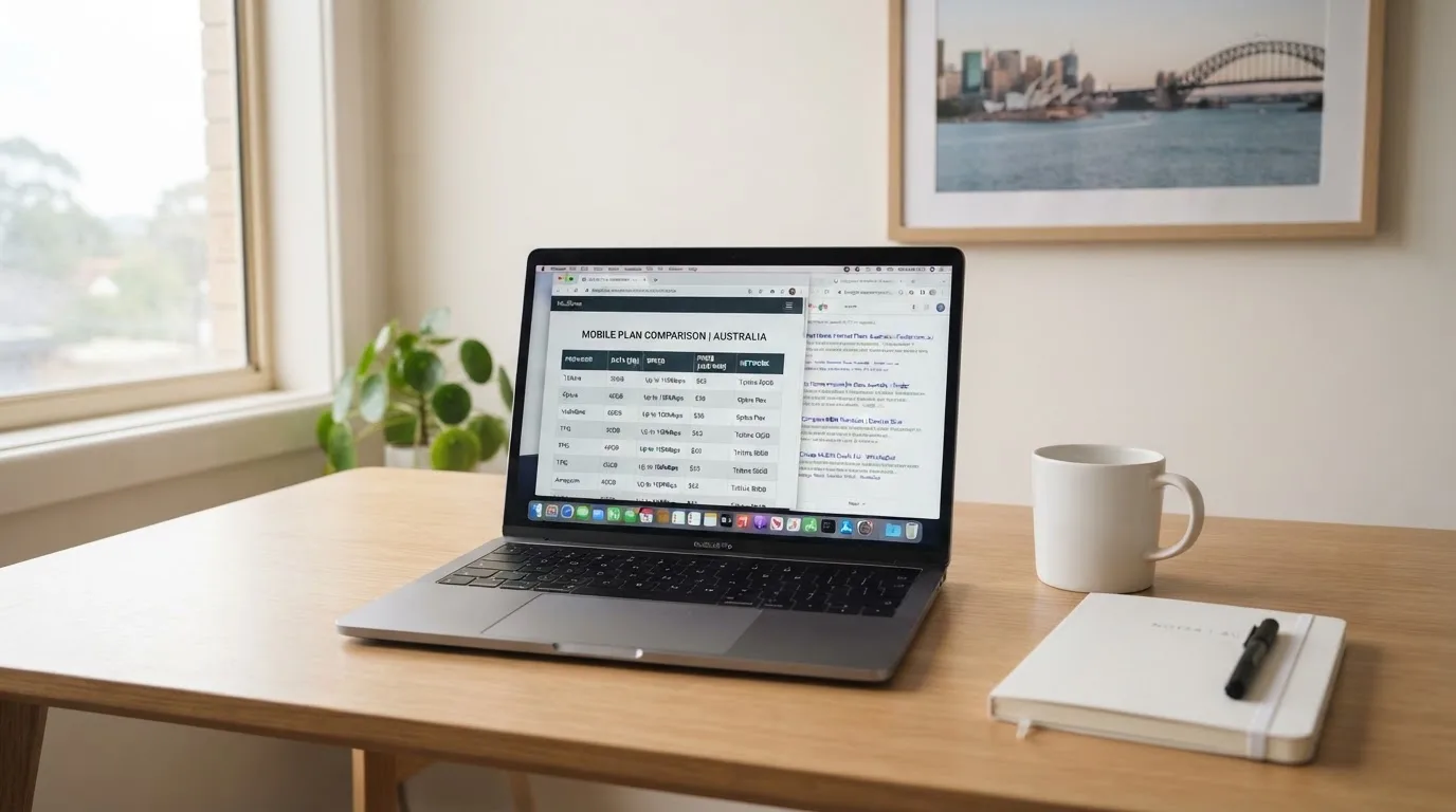 A laptop screen split between two browser tabs, one showing a comparison table and the other a search results page.