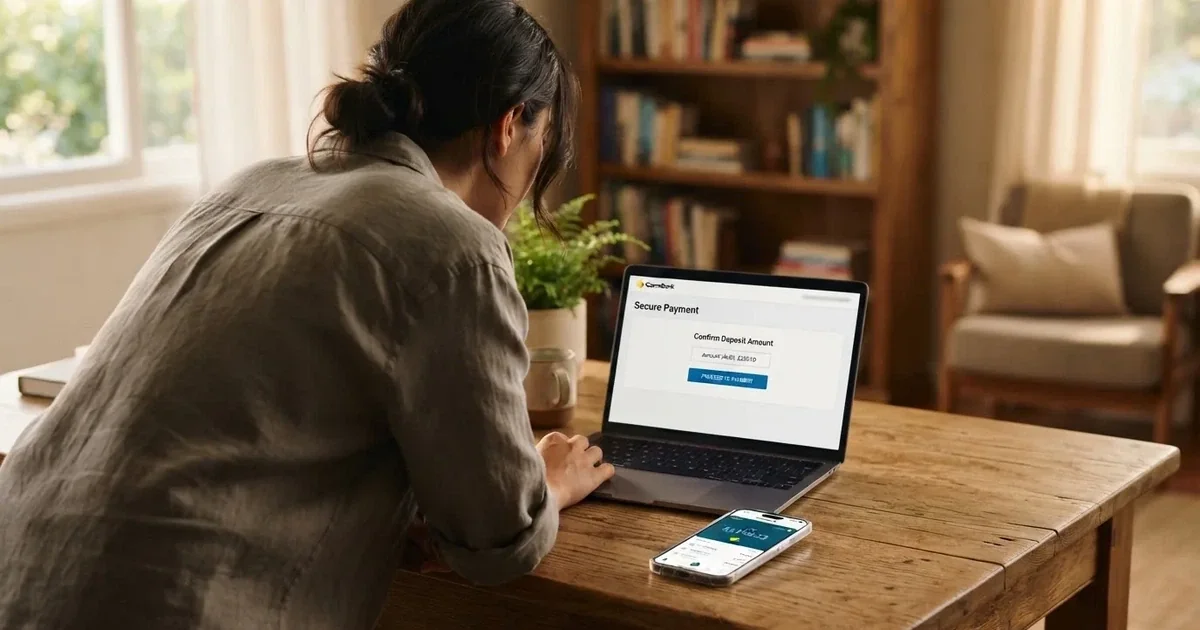 A smartphone screen showing a digital wallet balance next to a laptop cashier page.