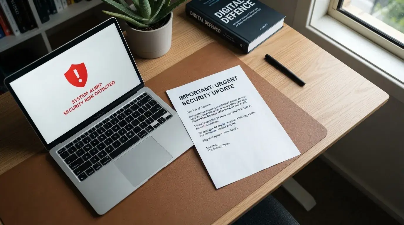 A printed government warning notice on a desk beside a laptop with a red alert icon on the screen.