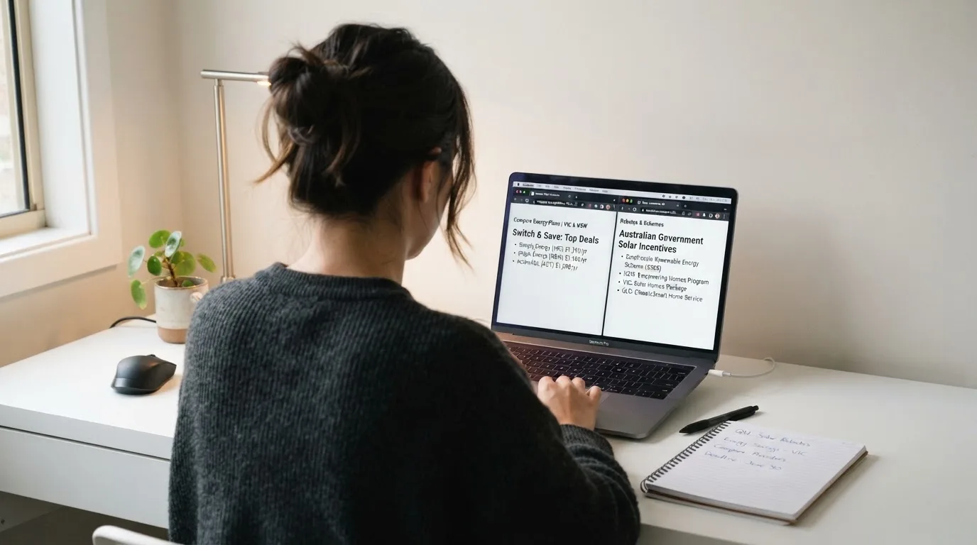 A laptop screen split between two browser tabs, one showing a comparison table and the other a search results page.