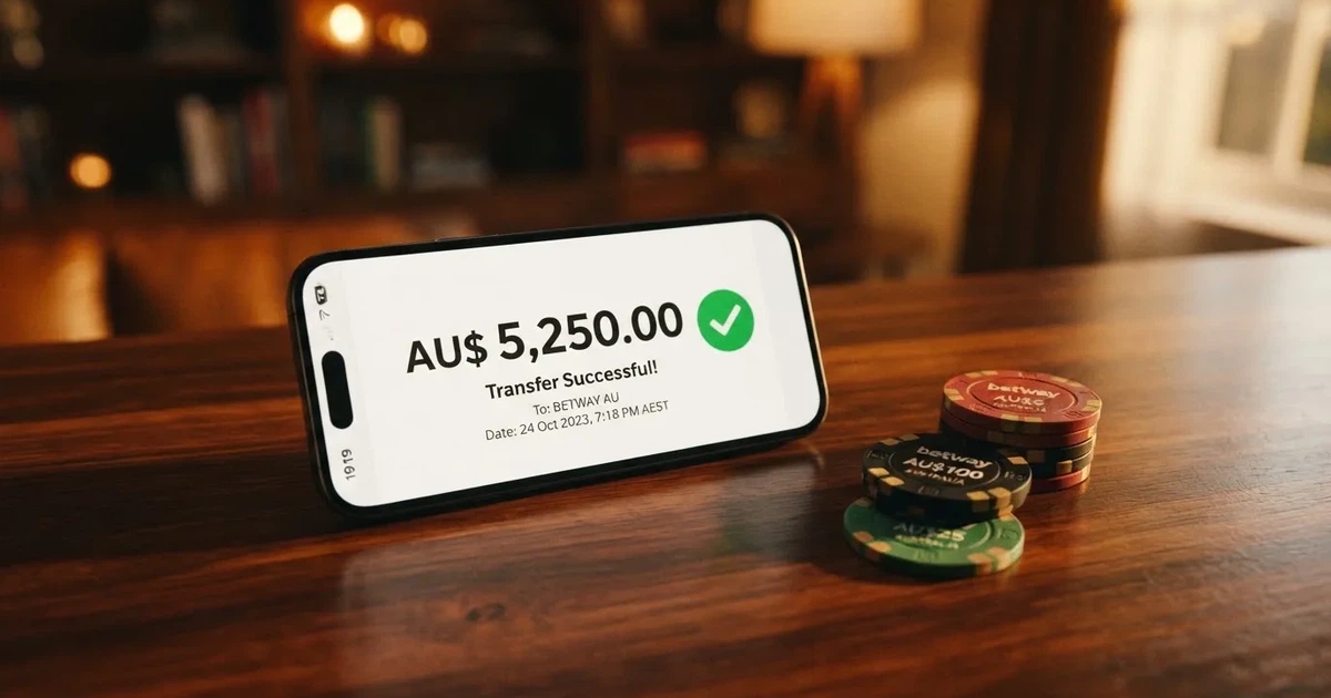 A phone displaying a bank transfer confirmation screen next to a stack of Australian dollar notes.