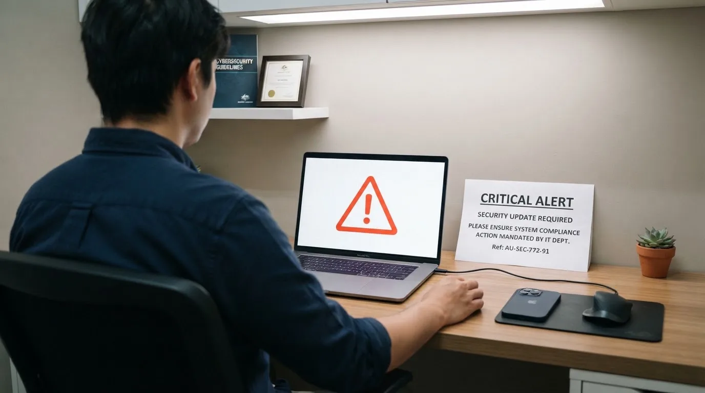 A printed government warning notice on a desk beside a laptop with a red alert icon on the screen.