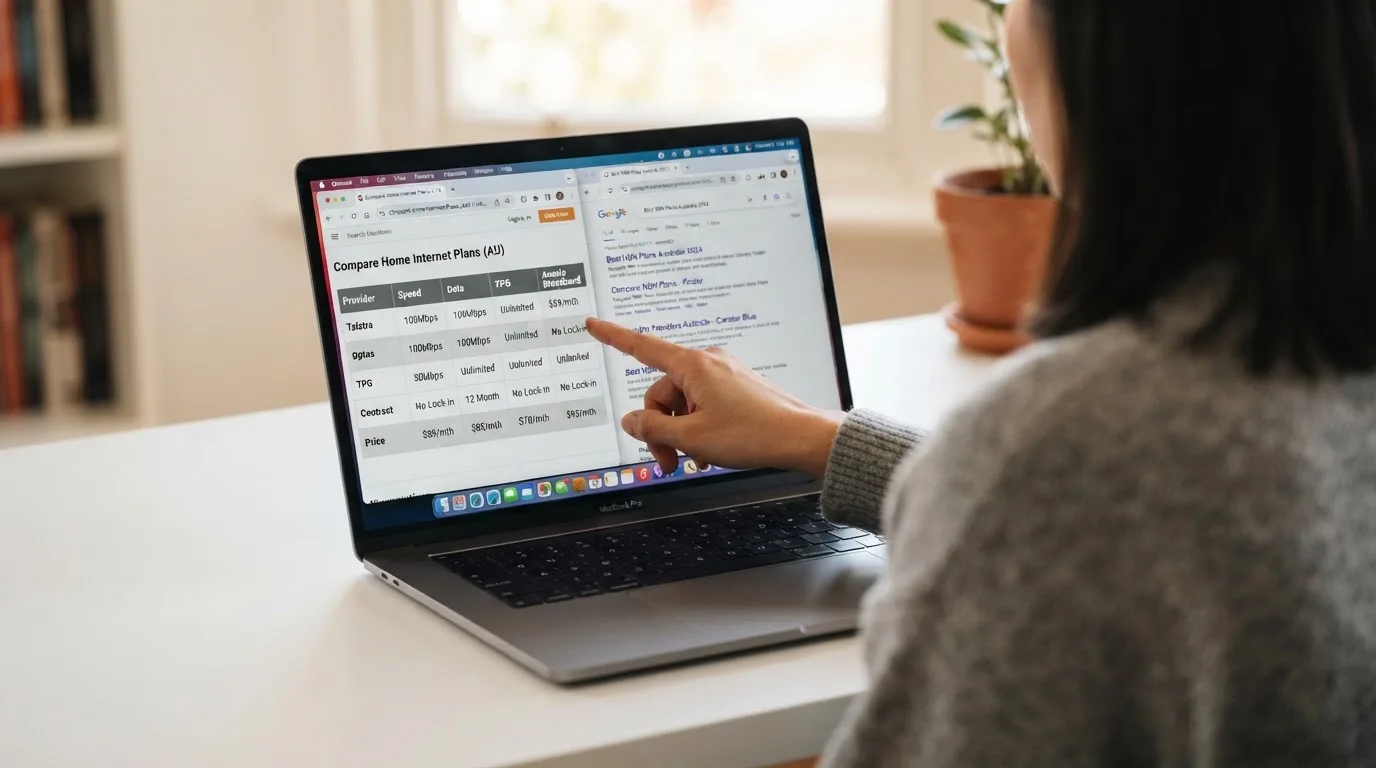 A laptop screen split between two browser tabs, one showing a comparison table and the other a search results page.